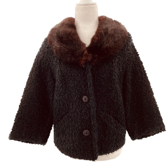 Vintage Winter Black Boucle Knit Brown Mink Collar Short Jacket Button Front S - Picture 4 of 12